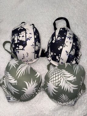 Two Padded Bras - Floral Black & White and Olive Green Pineapple